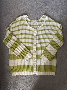 Green and Cream Striped Button-Up Knit Cardigan